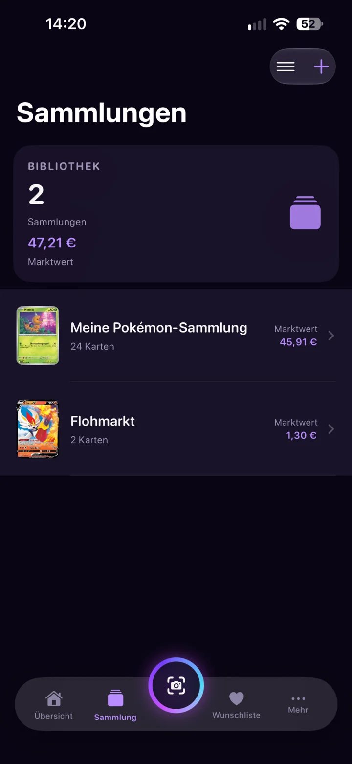App-Ansicht Sammlungen mit Bibliothek und einzelnen Kartensammlungen