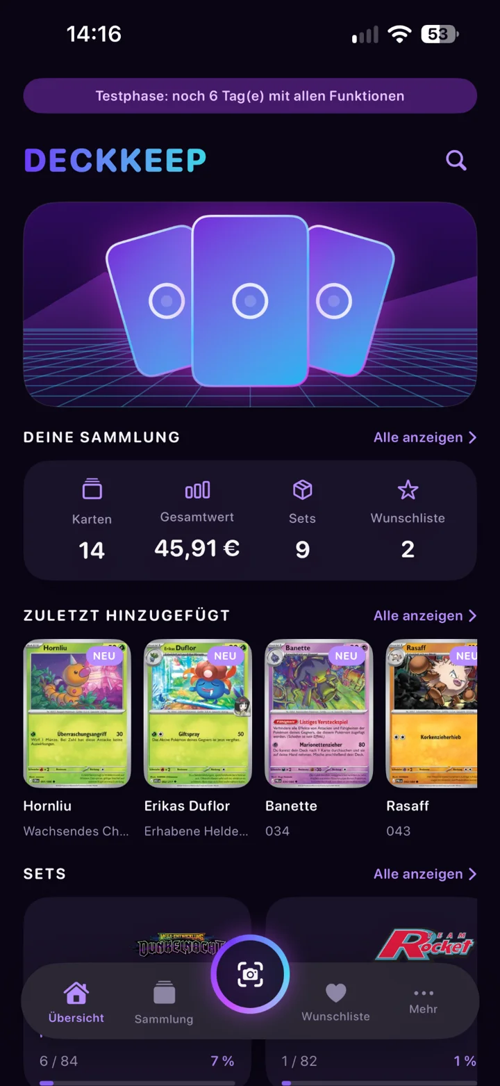 DECKKEEP App: Übersicht mit Sammlung, Gesamtwert und Set-Fortschritt
