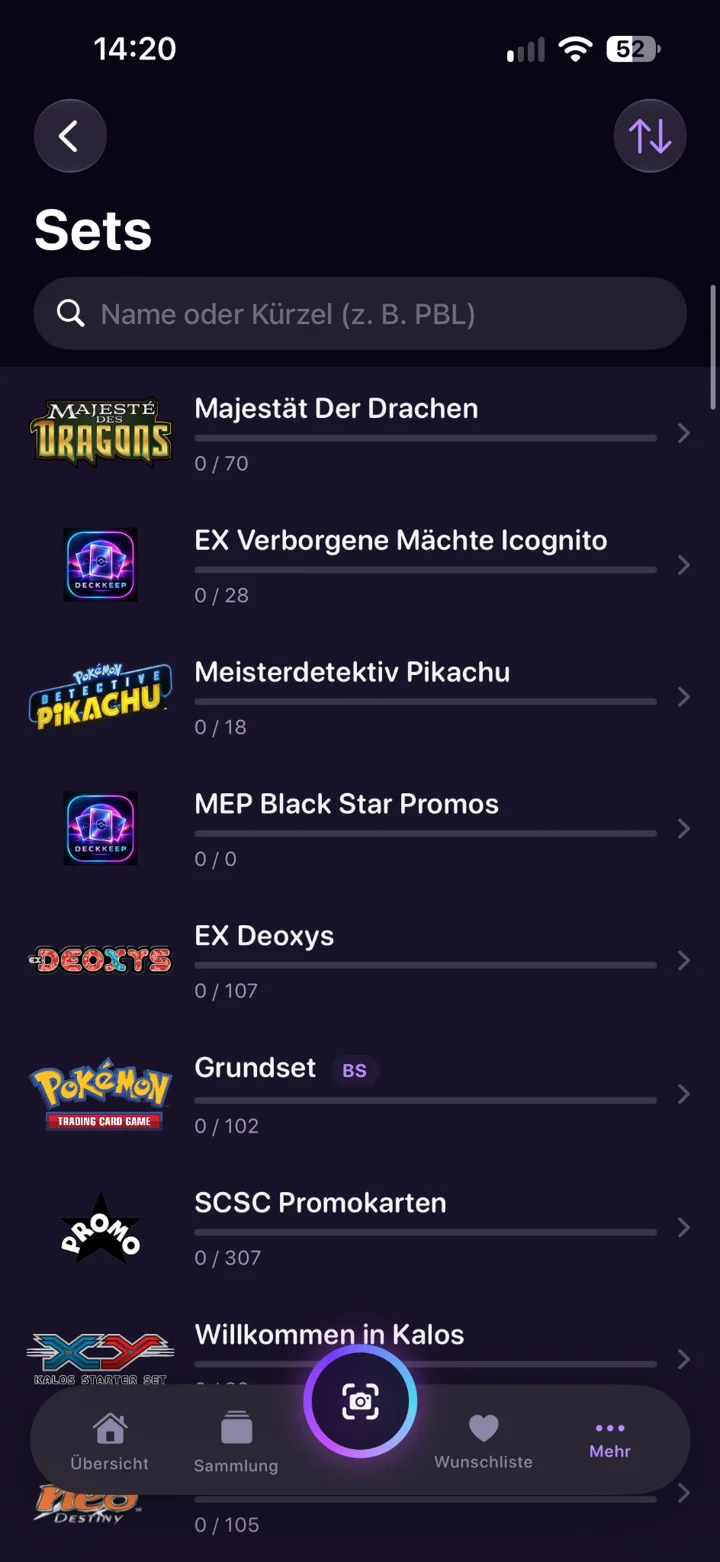 App-Ansicht Sets mit Fortschrittsbalken und Kartenzahlen