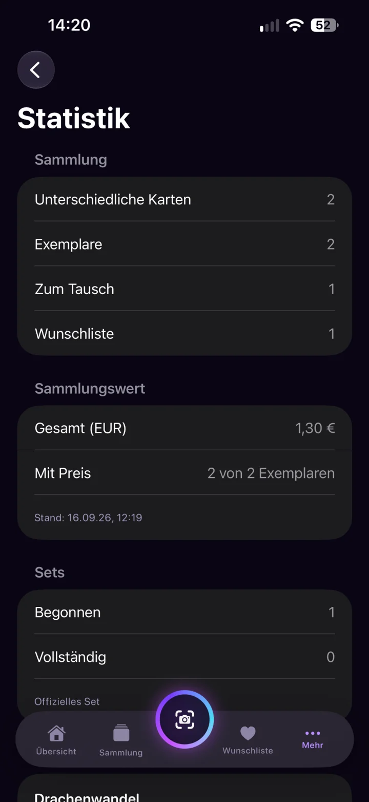 App-Statistik mit Kartenanzahl, Tauschliste, Wunschliste und Sammlungswert